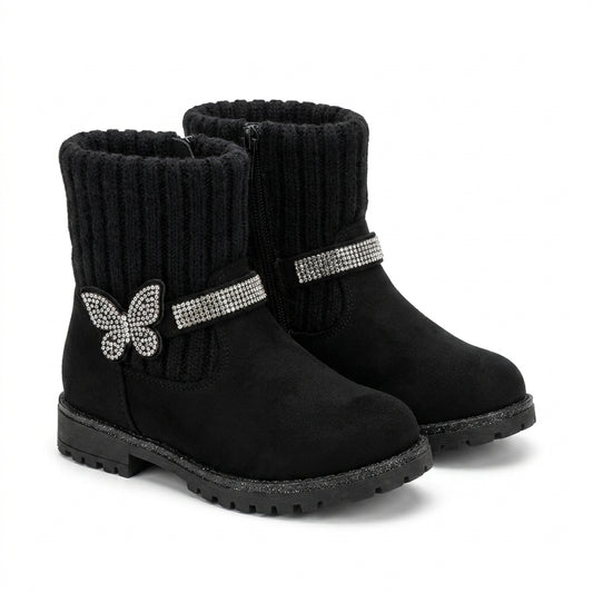 Bottines fille noires avec papillon en strass, vue paire 3/4 – Bombas Maroc