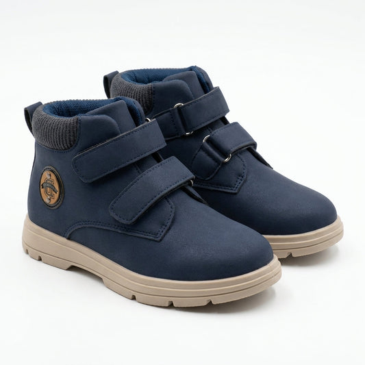Paire de bottines garçon à double scratch bleu marine, col tricot gris – BOMBAS Maroc