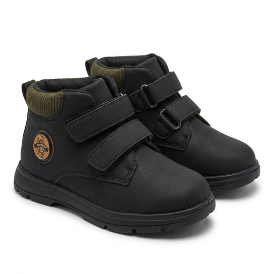 Paire de bottines garçon à double scratch noires, col tricot kaki – BOMBAS Maroc