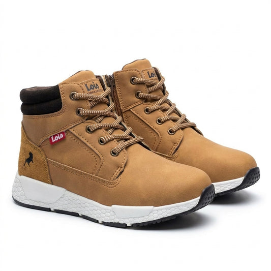 Bottines garçon LOIS camel, paire vue de côté en angle – chaussures enfant hiver Maroc