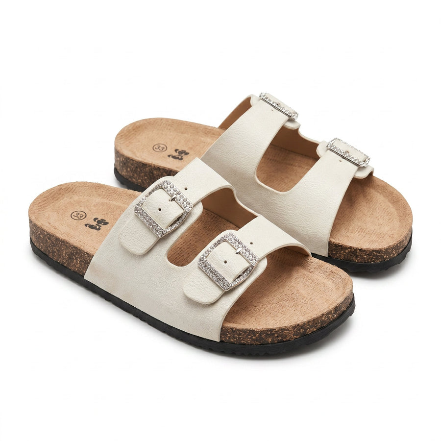 Sandales Fille Blanc/Off-White – Double Boucle Strass – Importées d'Espagne 🇪🇸