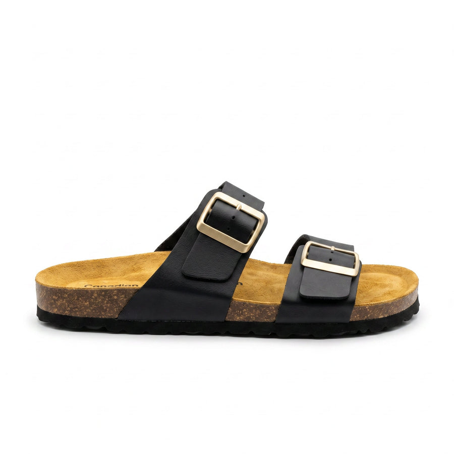 Sandales Canadian John pour Femme – Noir Double Bride à Boucles Dorées – Made in Spain 🇪🇸