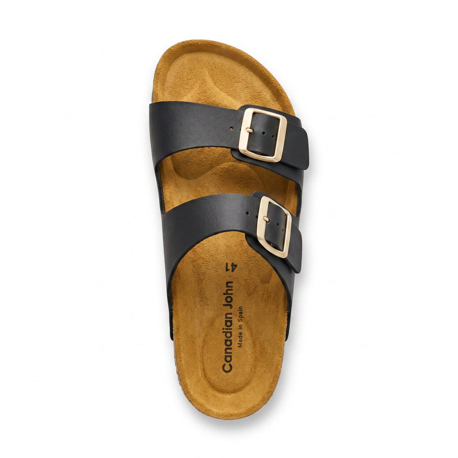 Sandales Canadian John pour Femme – Noir Double Bride à Boucles Dorées – Made in Spain 🇪🇸