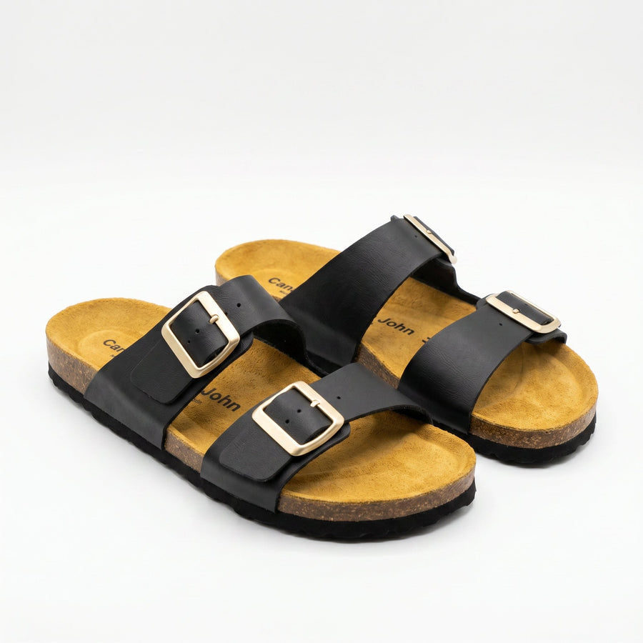 Sandales Canadian John pour Femme – Noir Double Bride à Boucles Dorées – Made in Spain 🇪🇸