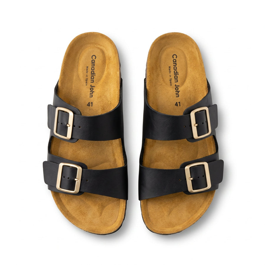 Sandales Canadian John pour Femme – Noir Double Bride à Boucles Dorées – Made in Spain 🇪🇸
