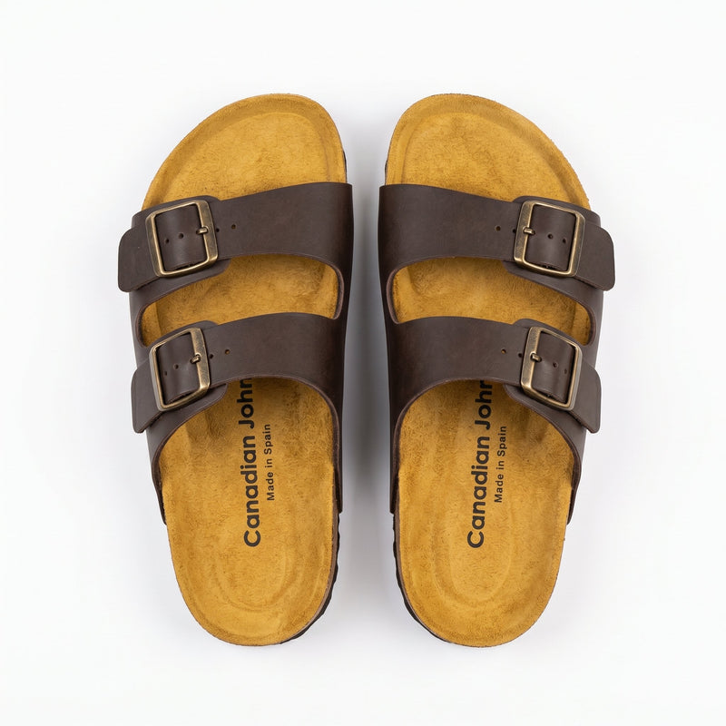 Sandales Homme Canadian John – Cuir Marron Double Boucle Semelle Liège – Made in Spain 🇪🇸