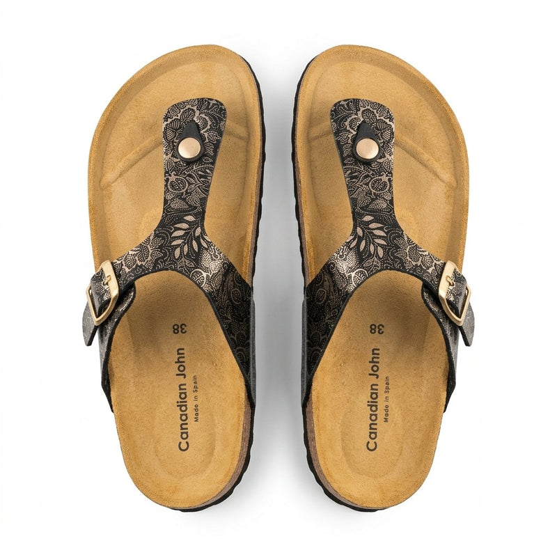 Tongs Femme Canadian John – Noir Imprimé Floral Argenté – Made in Spain 🇪🇸