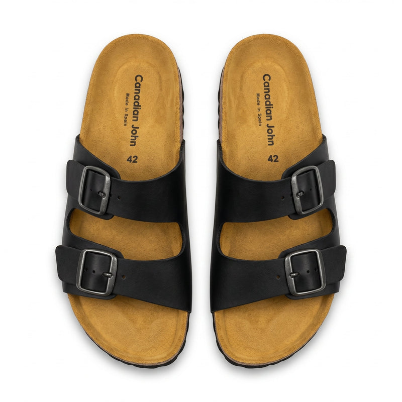 Sandales Homme Canadian John – Cuir Noir Double Boucle Semelle Liège – Made in Spain 🇪🇸