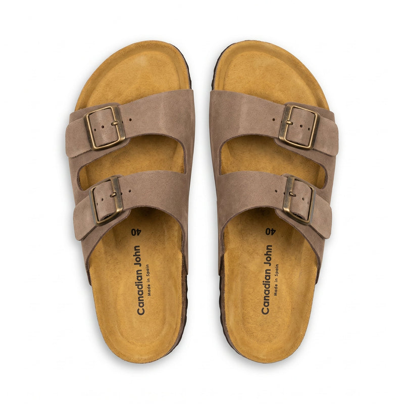 Sandales Homme Canadian John – Nubuck Taupe Double Boucle Semelle Liège – Made in Spain 🇪🇸