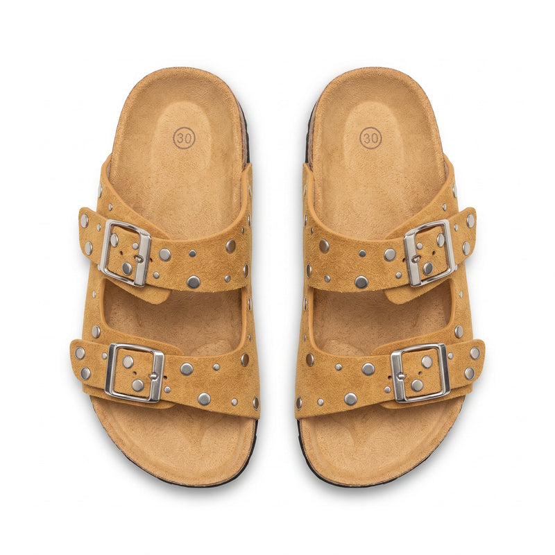 Sandales Fille Moutarde Double Bride Rivets – Style Birkenstock – Importées d'Espagne 🇪🇸