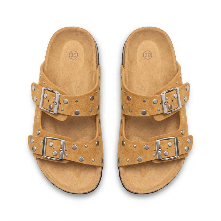 Sandales Fille Moutarde Double Bride Rivets – Style Birkenstock – Importées d'Espagne 🇪🇸