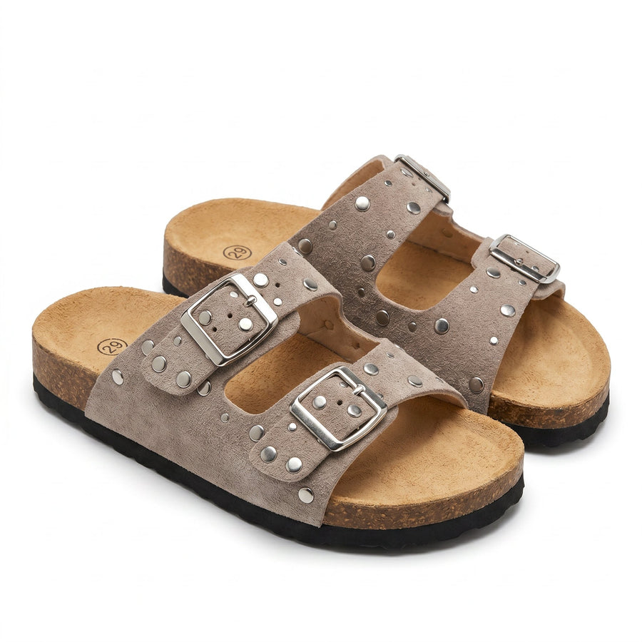 Sandales Fille Taupe Double Bride Rivets – Style Birkenstock – Importées d'Espagne 🇪🇸