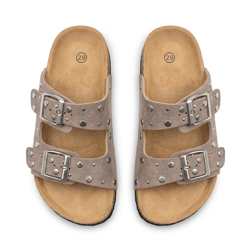 Sandales Fille Taupe Double Bride Rivets – Style Birkenstock – Importées d'Espagne 🇪🇸