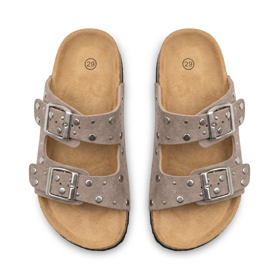 Sandales Fille Taupe Double Bride Rivets – Style Birkenstock – Importées d'Espagne 🇪🇸