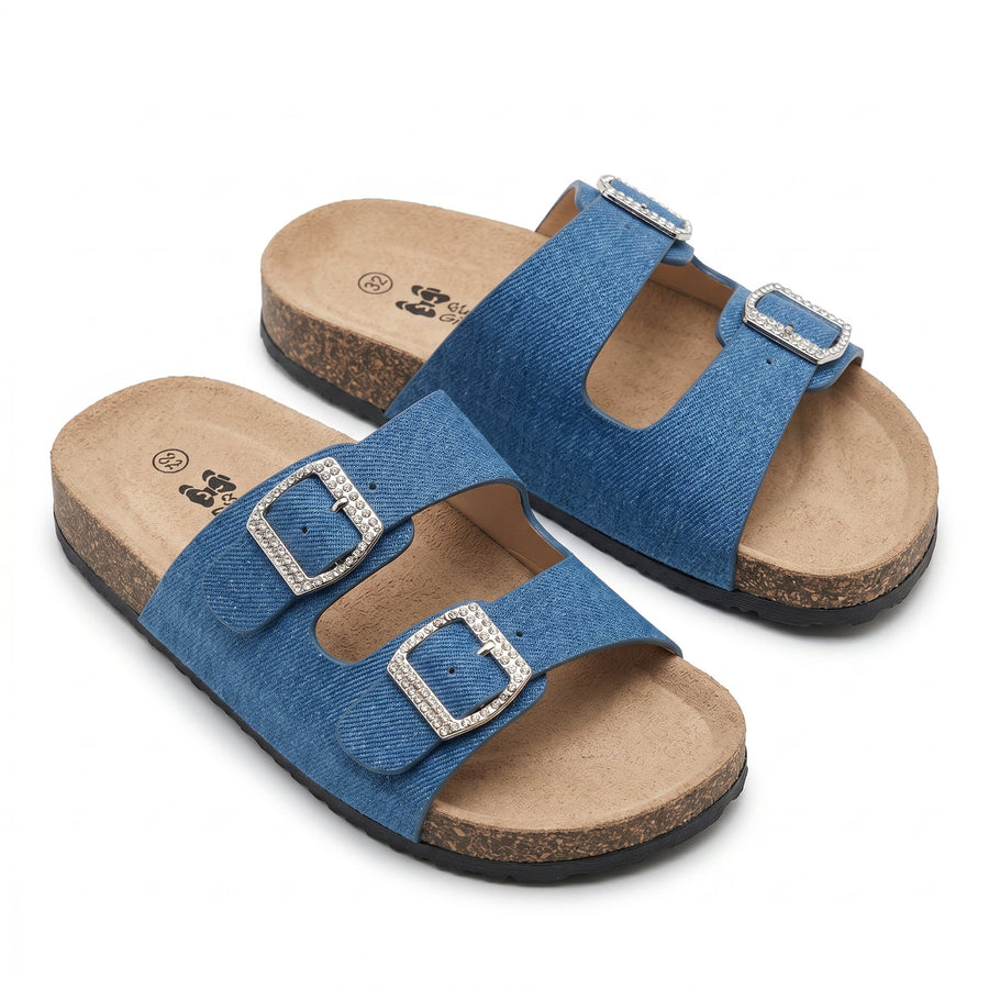 Sandales Fille Bleu Denim Strass – Double Boucle – Importées d'Espagne 🇪🇸
