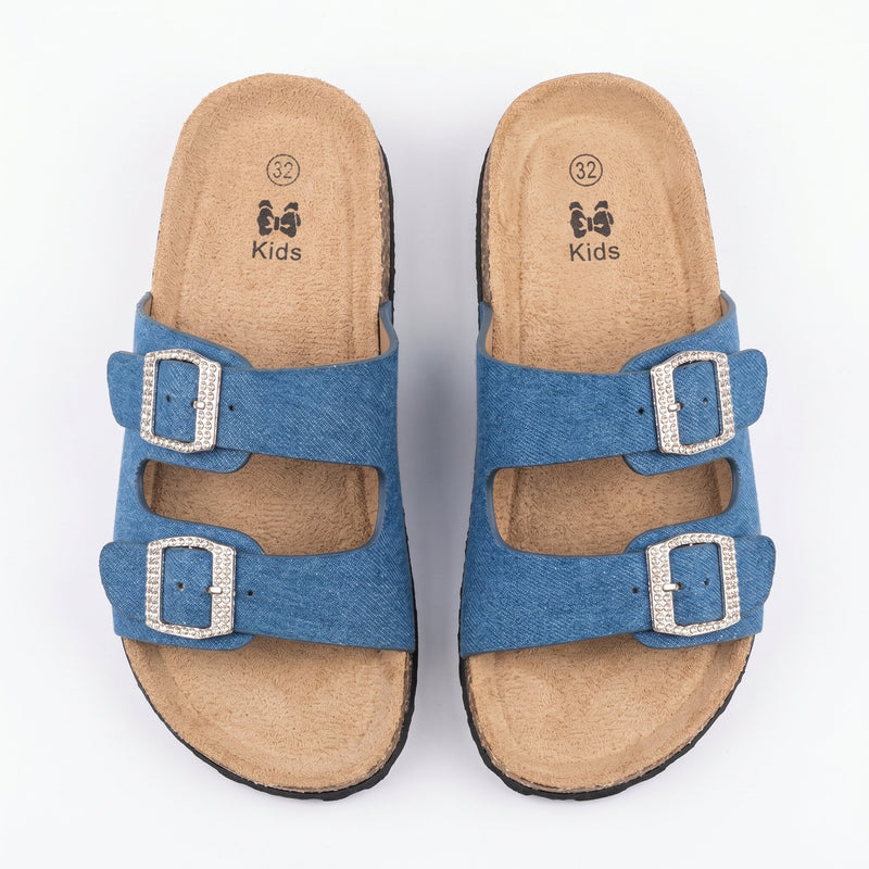 Sandales Fille Bleu Denim Strass – Double Boucle – Importées d'Espagne 🇪🇸