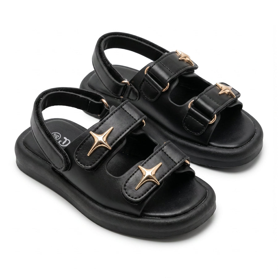 Sandales Fille Noir Étoile Dorée – Semelle Plateforme – Importées d'Espagne 🇪🇸