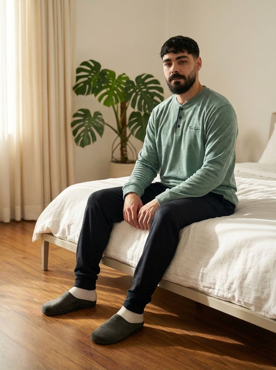 Ensemble Pyjama Homme en Coton – Haut Vert Clair & Pantalon Noir