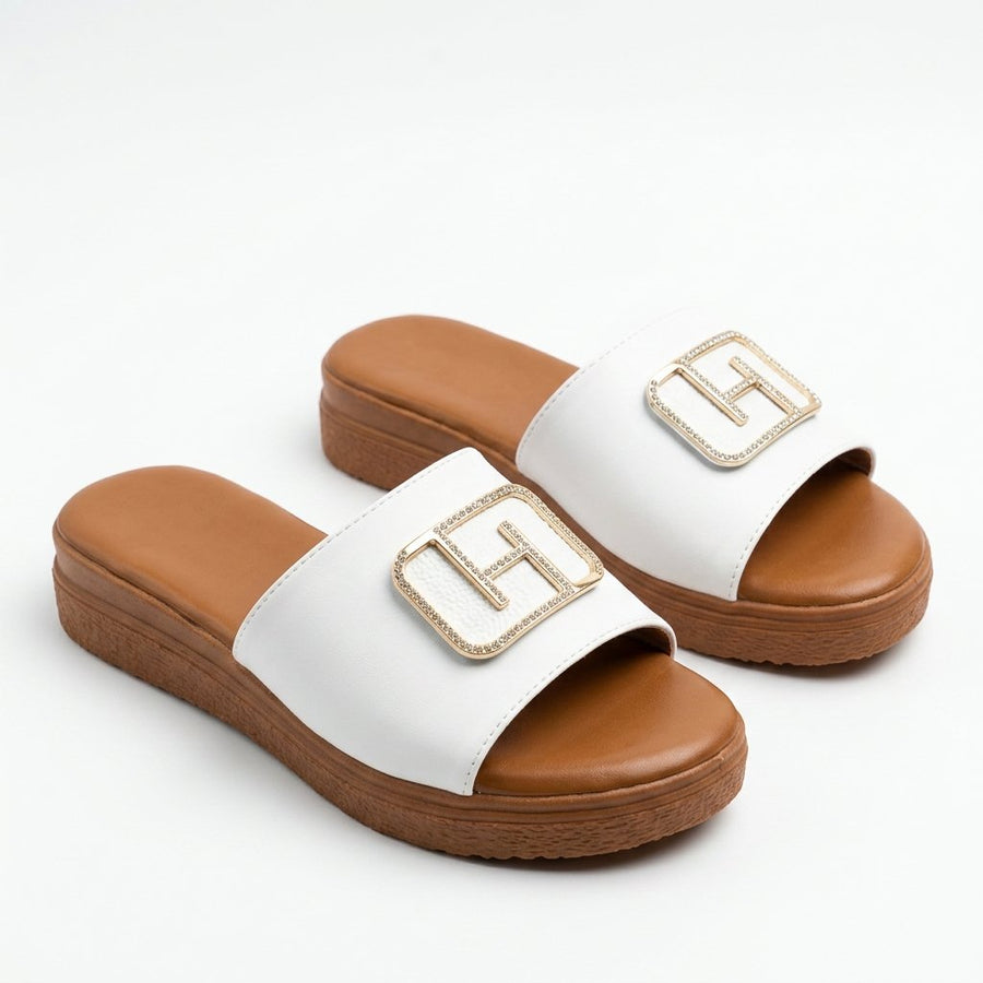 Sandales Femme FEEBIT.ER – Blanches à Boucle Strass Dorée– Importées d'Espagne 🇪🇸