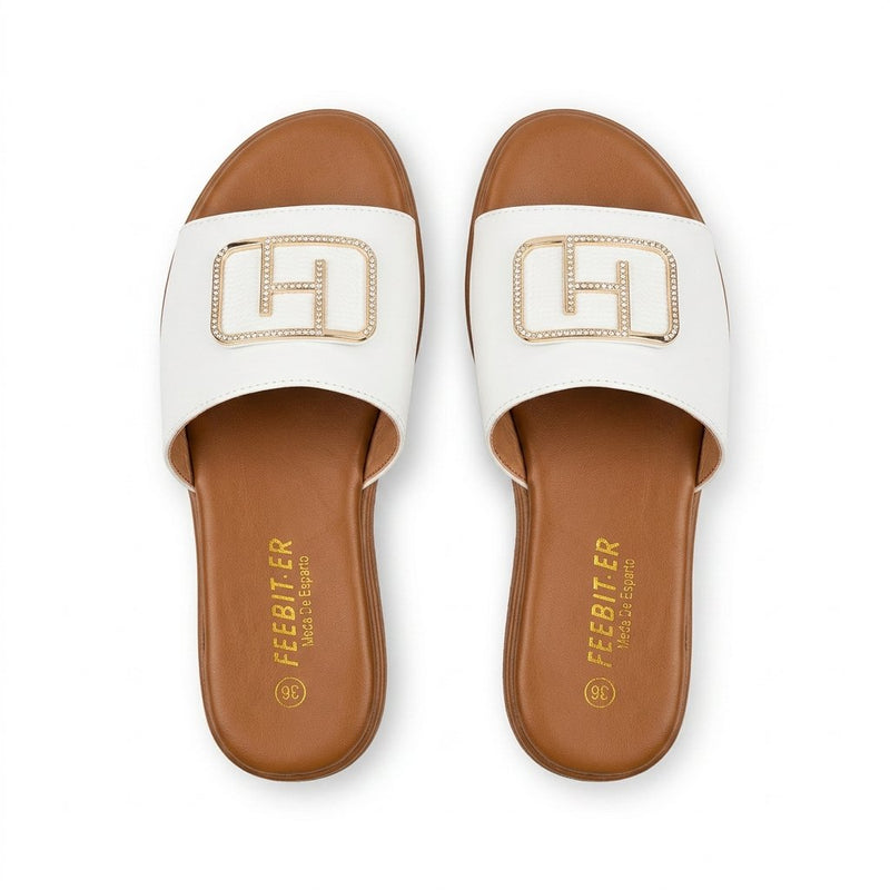 Sandales Femme FEEBIT.ER – Blanches à Boucle Strass Dorée– Importées d'Espagne 🇪🇸