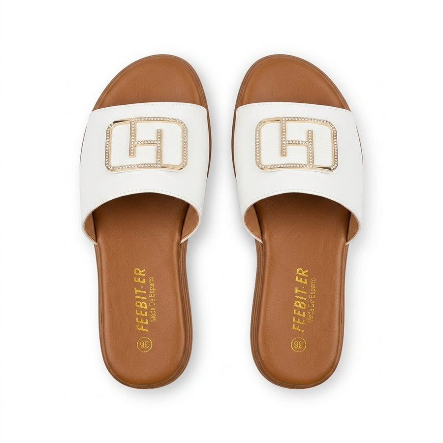 Sandales Femme FEEBIT.ER – Blanches à Boucle Strass Dorée– Importées d'Espagne 🇪🇸