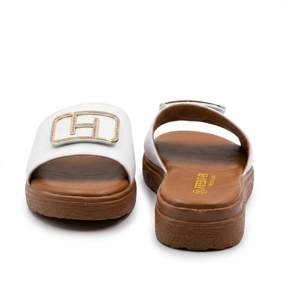 Sandales Femme FEEBIT.ER – Blanches à Boucle Strass Dorée– Importées d'Espagne 🇪🇸