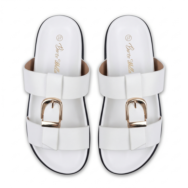 Sandales Femme Double Bride Boucle Dorée - Blanc – Importées d'Espagne 🇪🇸