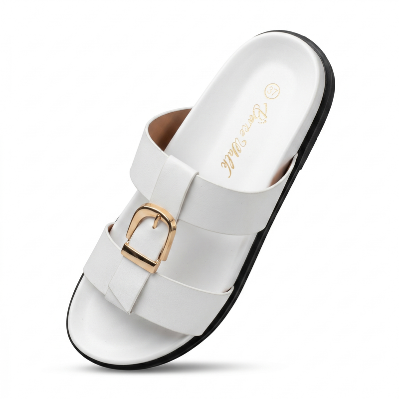 Sandales Femme Double Bride Boucle Dorée - Blanc – Importées d'Espagne 🇪🇸