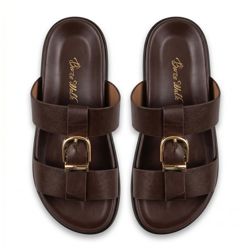 Sandales Femme Double Bride Boucle Dorée — Marron -  Importées d'Espagne 🇪🇸
