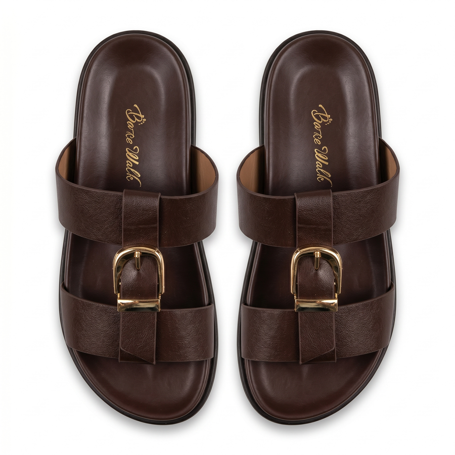 Sandales Femme Double Bride Boucle Dorée — Marron -  Importées d'Espagne 🇪🇸