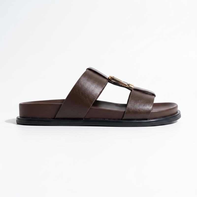 Sandales Femme Double Bride Boucle Dorée — Marron -  Importées d'Espagne 🇪🇸