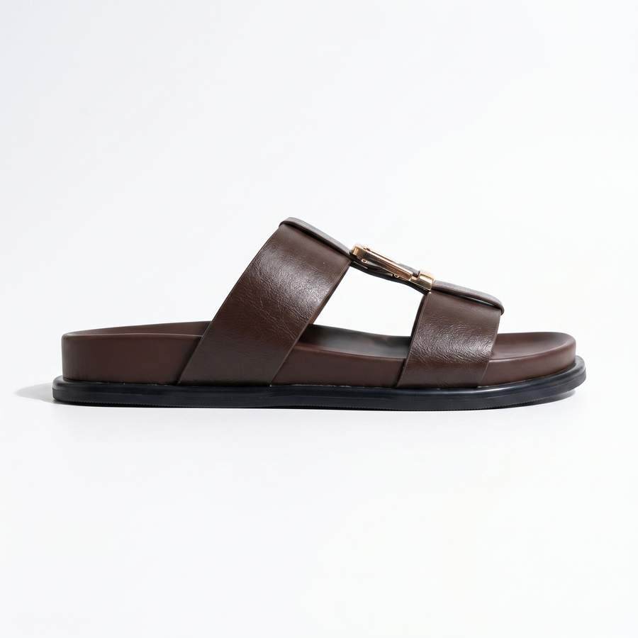 Sandales Femme Double Bride Boucle Dorée — Marron -  Importées d'Espagne 🇪🇸