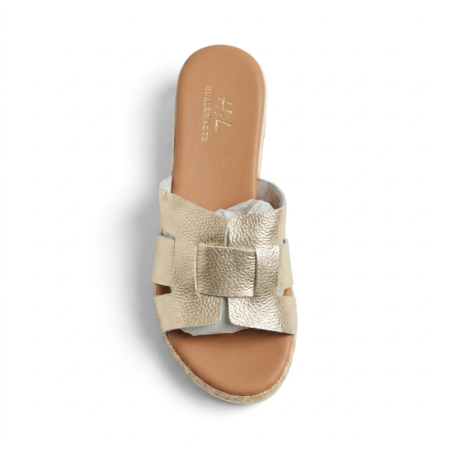 Sandales Femme Style H Cuir Métallisé Doré - Compensée Raphia -Importées d'Espagne 🇪🇸