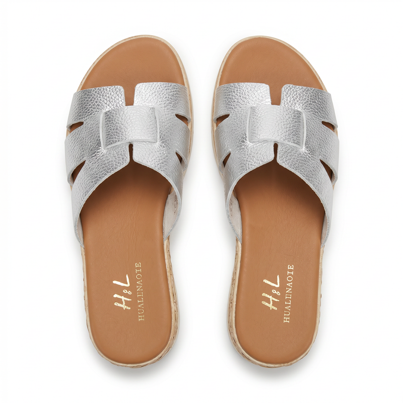 Sandales Femme Style H Cuir Métallisé Argenté - Compensée Raphia -Importées d'Espagne 🇪🇸