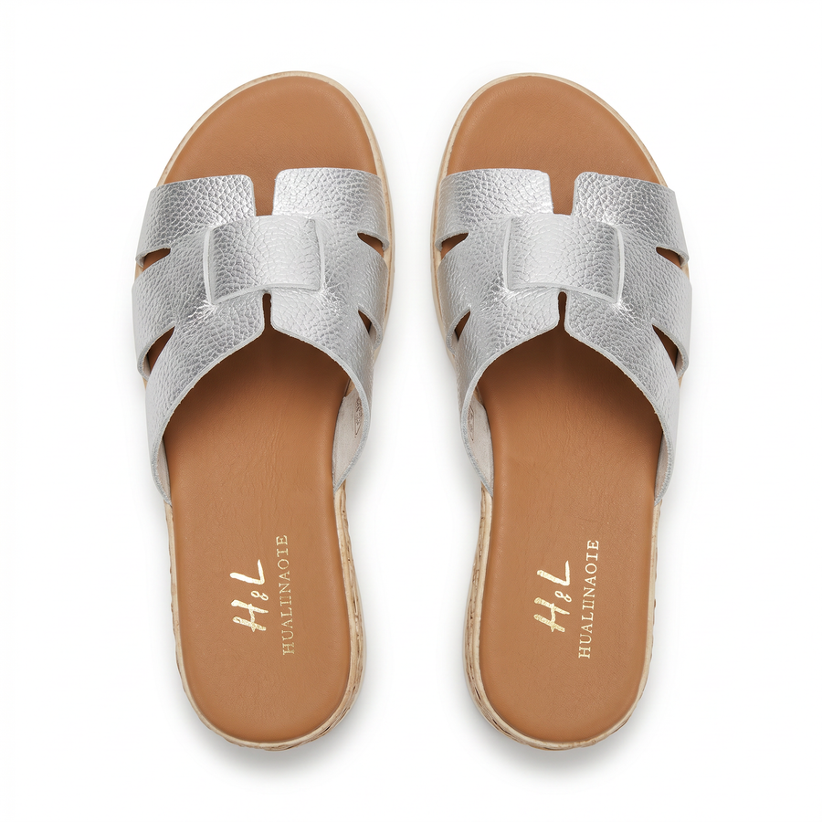 Sandales Femme Style H Cuir Métallisé Argenté - Compensée Raphia -Importées d'Espagne 🇪🇸