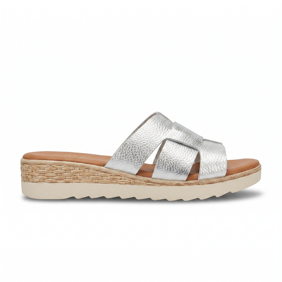 Sandales Femme Style H Cuir Métallisé Argenté - Compensée Raphia -Importées d'Espagne 🇪🇸