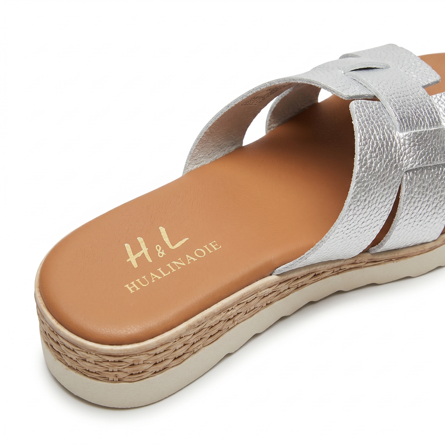 Sandales Femme Style H Cuir Métallisé Argenté - Compensée Raphia -Importées d'Espagne 🇪🇸