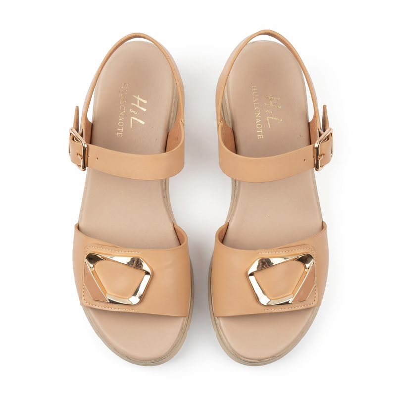 Sandales Femme Beige à Bride Cheville et Ornement Doré - Importées d'Espagne 🇪🇸