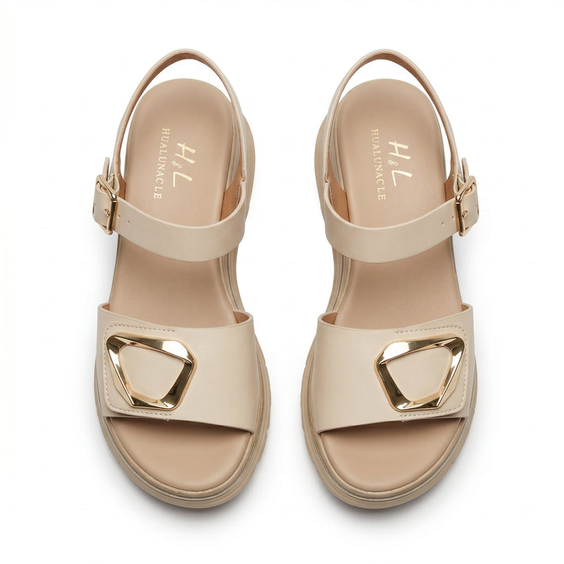 Sandales Compensées Femme H&L – Écrues Détail Boucle Géométrique Dorée – Importées d'Espagne 🇪🇸