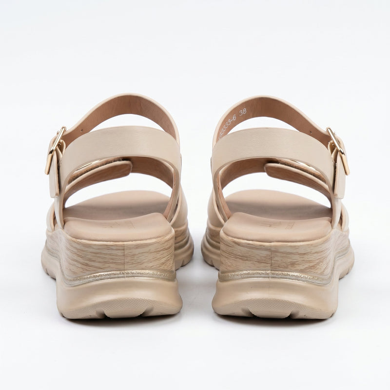 Sandales Compensées Femme H&L – Écrues Détail Boucle Géométrique Dorée – Importées d'Espagne 🇪🇸