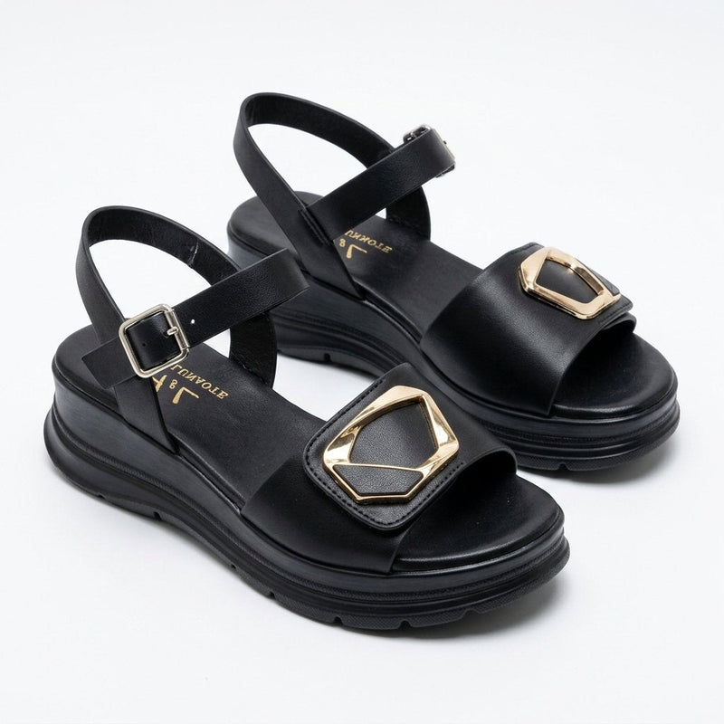 Sandales Compensées Femme H&L – Noires Détail Boucle Géométrique Dorée – Importées d'Espagne 🇪🇸