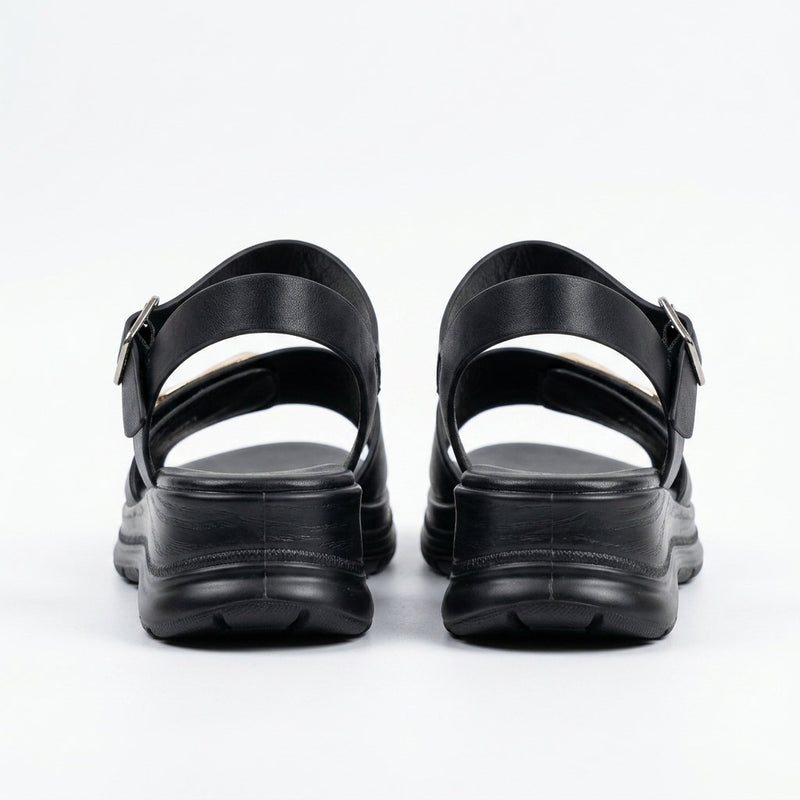 Sandales Compensées Femme H&L – Noires Détail Boucle Géométrique Dorée – Importées d'Espagne 🇪🇸