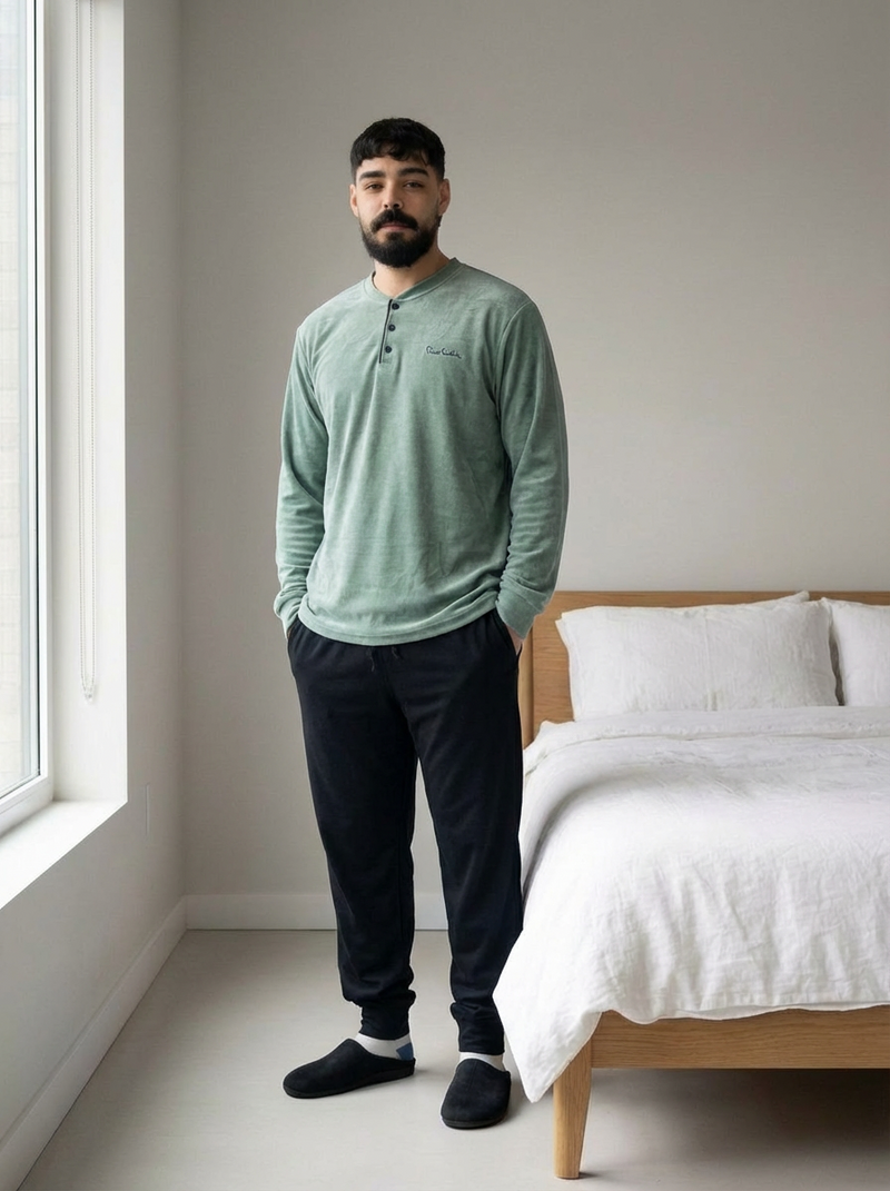 Ensemble Pyjama Homme en Coton – Haut Vert Clair & Pantalon Noir