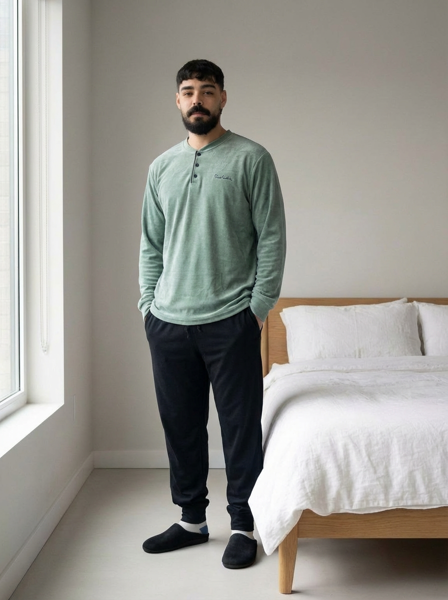 Ensemble Pyjama Homme en Coton – Haut Vert Clair & Pantalon Noir