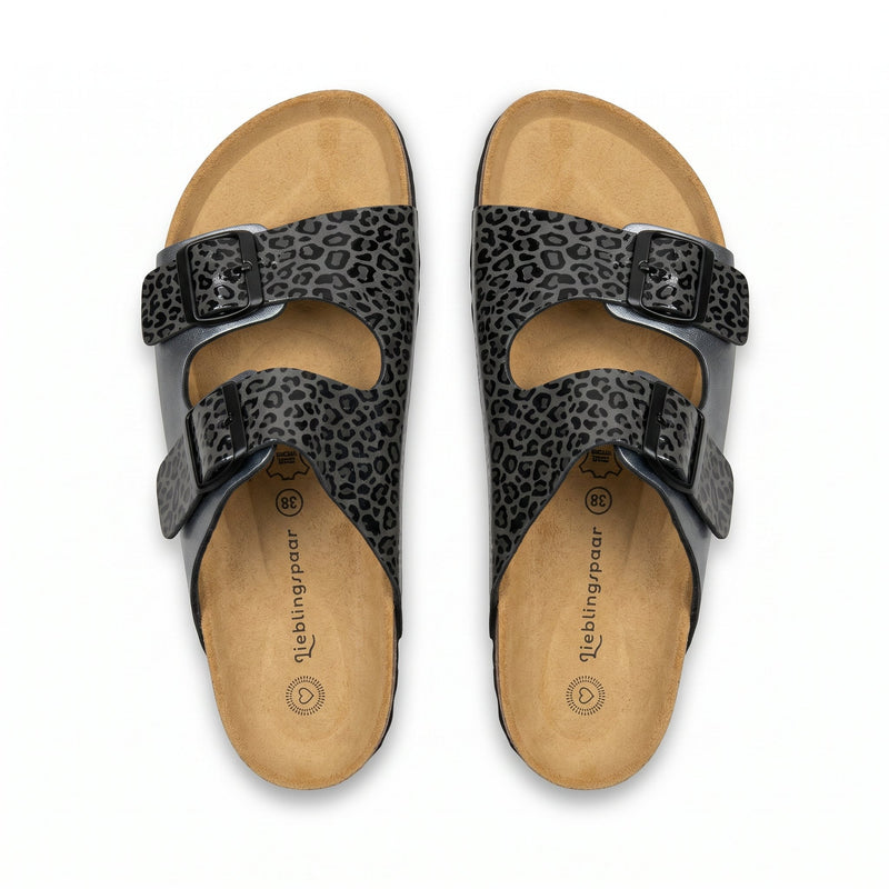 Sandales Femme Lieblingspaar – Imprimé Léopard Gris Semelle Liège – Made in Spain 🇪🇸