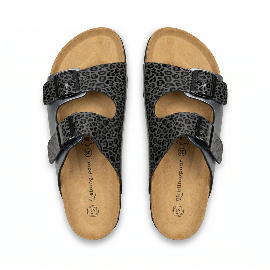 Sandales Femme Lieblingspaar – Imprimé Léopard Gris Semelle Liège – Made in Spain 🇪🇸