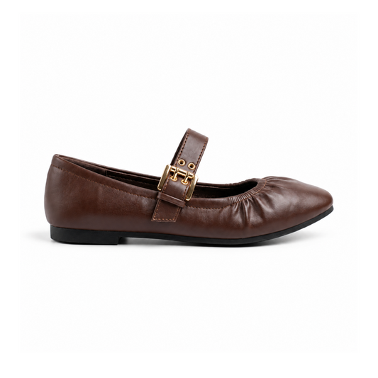 Ballerine babies femme marron chocolat vue de profil, bride à boucle dorée – Bombas Maroc