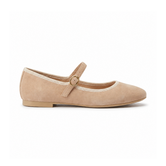 Ballerine babies femme beige effet suédine vue de profil, bride à boucle dorée – Bombas Maroc