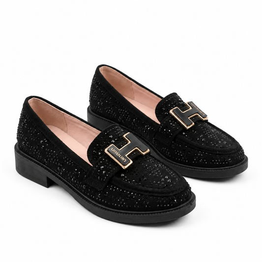Mocassins Fille Noirs à Boucle Dorée – Bombas Maroc