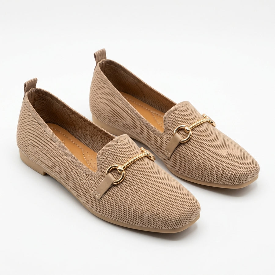Mocassins Femme en Maille Mors Doré – Beige